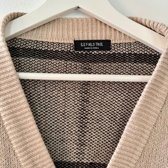 Beige & Black Plaid Knit Cardigan - Oversized Unisex Korean Fashion - Picture 3 of 4